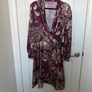 Rinascimento Cashmere-Print Overlap V-Neck Long Sleeve Wrap Dress Women's Sz 16